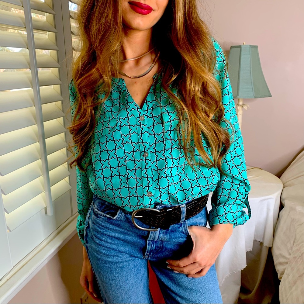 4 LEFT S-L Chic Spring Stretchy Turquoise Long Sleeve Blouse Shirt Top